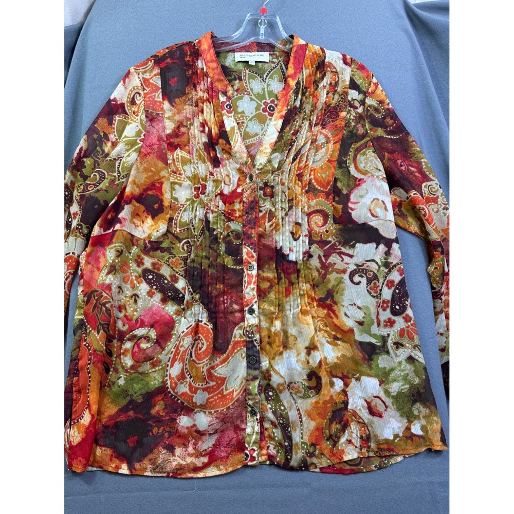 Jones New York Sport Womens XL Paisley Pintuck Button Front Blouse Multi-Color